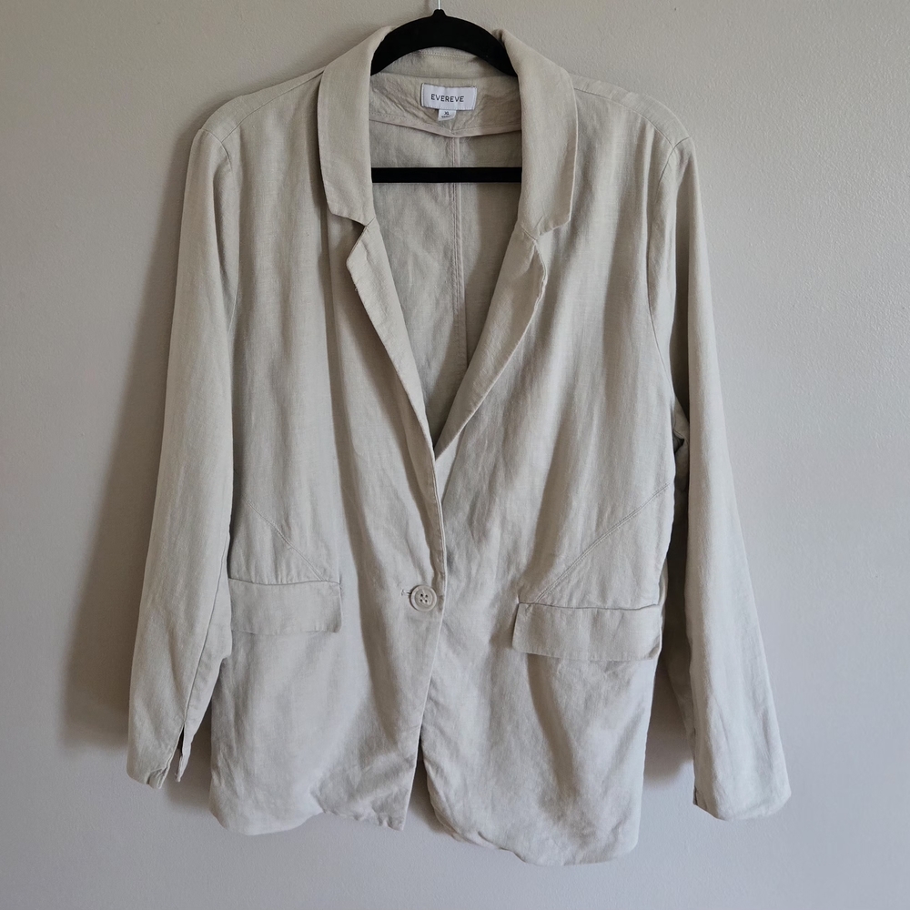 Evereve Linen Blazer Women's Size XL Beige Long Line One Button Oversized Casual